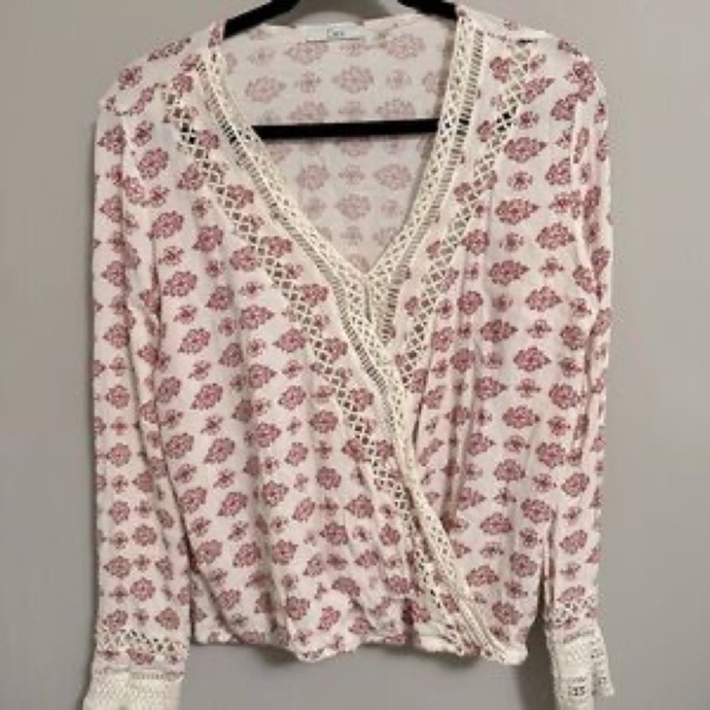 Dex Pink Floral Lace-Trim Wrap Blouse